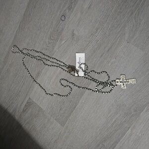 NWT Long Hand Knotted and Silver Bead with Hammered Cross Necklace